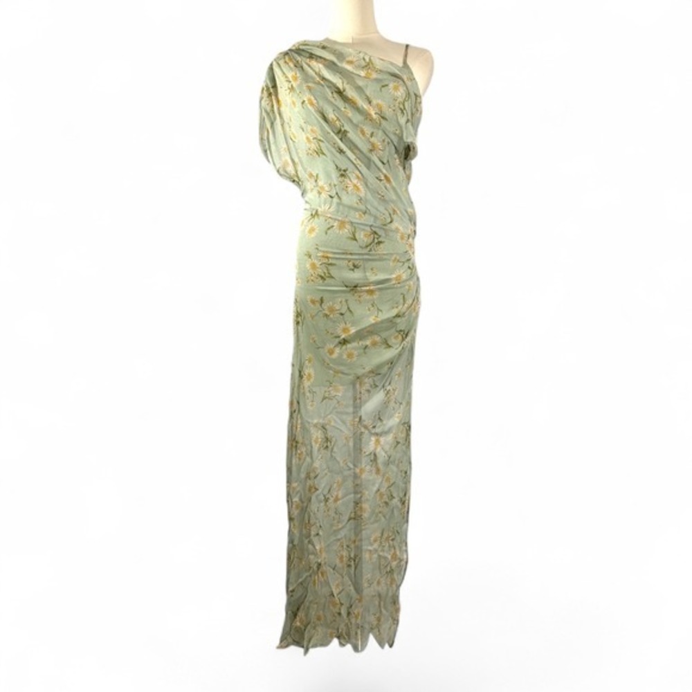 Mango Sage Semi Sheer Daisy Floral Draped Shoulder Midi Dress Womens Size 4 EUC‎